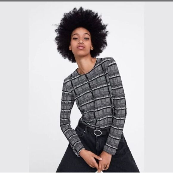 ZARA Textured B&W Woven Top Shirt w/ Buttons S $69 EUC - Picture 1 of 11